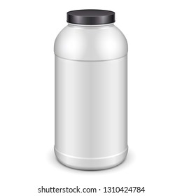 Mockup Plastic White Jar Can Cap Bottle Sport Nutrition, Protein, Gainer, Black Lid. Illustration Isolated On White Background. Mock Up, Template Ready For Your Design. Vector EPS10
