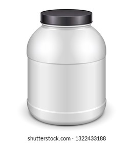 Mockup Plastic White Jar Can Cap Bottle Sport Nutrition, Protein, Gainer, Black Lid. Illustration Isolated On White Background. Mock Up, Template Ready For Your Design. Vector EPS10
