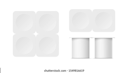 Mockup Of Plastic Yogurt Container With Lid Isolated On White Background. Vector Realistic Blank Pack Of Four Yoghurt, Ice Cream, Jam Or Sour Creme Package. 3D Illustration. Front And Top View.