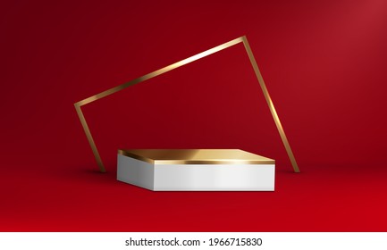 mockup platform red gold geometrical forms for product presentation. Vector