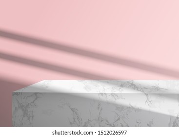 Mockup podium for branding. Pink background and marble pedestal with overlay shadow. 3d vector realistic illustration for product design presentation.