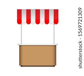 Mockup POS POI Blank Empty Retail Stand Stall Bar Display With Roof, Canopy, Banner. Brown, Red. Fast Food. Isolated On White Background . Mock Up Template Ready For Your Design. Vector EPS10