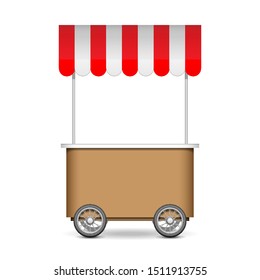 Mockup POS POI Blank Empty Retail Stand Stall Bar Display With Roof, Canopy, Banner. Brown, Red. Fast Food. Isolated On White Background . Mock Up Template Ready For Your Design. Vector EPS10