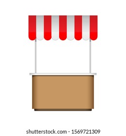 Mockup POS POI Blank Empty Retail Stand Stall Bar Display With Roof, Canopy, Banner. Brown, Red. Fast Food. Isolated On White Background . Mock Up Template Ready For Your Design. Vector EPS10