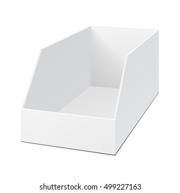 Mockup POS POI Cardboard Blank Empty Display Show Box Holder For Advertising Fliers, Leaflets, Products. Illustration Isolated On White Background. Mock Up Template Ready For Your Design. Vector EPS10