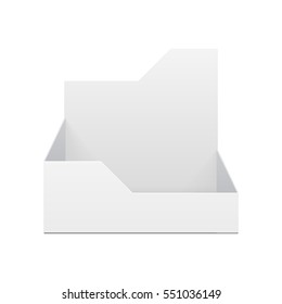 Mockup POS POI Cardboard Blank Empty Display Show Box Holder For Advertising Fliers, Leaflets, Products. Illustration Isolated On White Background. Mock Up Template Ready For Your Design. 