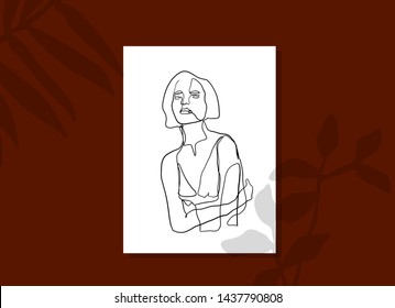 Mockup poster with minimalistic portrait of a woman with falling shadows from tree branches. Aesthetic organic design for presentations. One line drawing. Contemporary creative composition. 