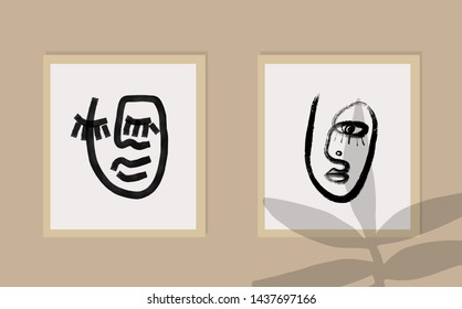 Mockup poster on the wall with falling vegetation shadows with abstract face picture. Trendy creative composition. Abstract line drawing face. Poster, wall art. 