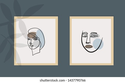 Mockup poster on the wall with falling vegetation shadows with abstract face picture. Trendy creative composition. Abstract line drawing face. Poster, wall art. 