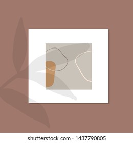 Mockup poster on the wall with falling vegetation shadows. Abstract freehand picture with shapes, organic pastel colors. Creative composition. 