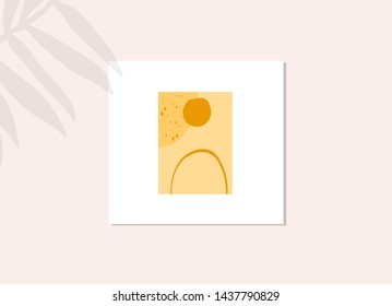 Mockup poster on the wall with falling vegetation shadows. Abstract freehand picture with shapes, organic pastel colors. Creative composition. 