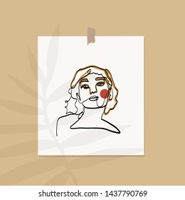 Mockup poster on the wall with palm shadow. Picture with abstract contemporary creative woman portrait. Aesthetic composition. Silhouette beauty model. Hand drawn vector illustration. 