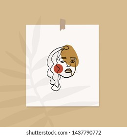 Mockup poster on the wall with palm shadow. Picture with abstract contemporary creative woman portrait. Aesthetic composition. Silhouette beauty model. Hand drawn vector illustration. 