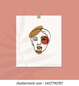 Mockup poster on the wall with palm shadow. Picture with abstract contemporary creative woman portrait. Aesthetic composition. Silhouette beauty model. Hand drawn vector illustration. 