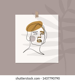 Mockup poster on the wall with palm shadow. Picture with abstract contemporary creative woman portrait. Aesthetic composition. Silhouette beauty model. Hand drawn vector illustration. 