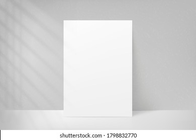 Mockup poster with shadow blinds from window. Mock up sheet paper. White empty blank. Vertical mockup. Light from window. Realistic reflected shadow on wall. Overlay effect. Shade jalousie. Vector 