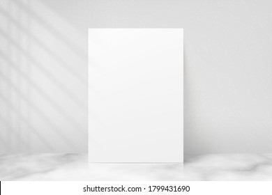 Mockup Poster With Shadow Blinds From Window. Mock Up Sheet Paper. White Empty Blank. Vertical Mockup. Light From Window. Realistic Reflected Shadow On Wall. Overlay Effect. Shade Jalousie. Vector