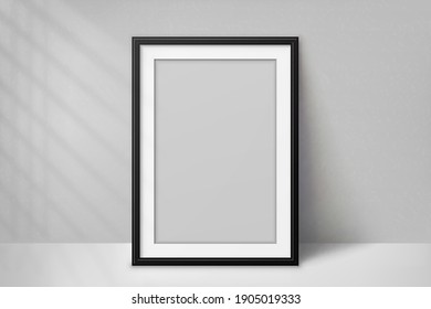 Mockup poster with shadow blinds from window. Mock up sheet paper. White empty blank. Vertical mockup. Light from window. Realistic reflected shadow on wall. Overlay effect. Shade jalousie. Vector