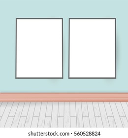 Mockup posters on light green painted wall on the wooden floor, vector 