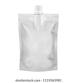 Mockup Pouch Sachet Bag With Spout Lid. Blank Food Stand Up Flexible. Mock Up, Template. Illustration Isolated On White Background. Ready For Your Design. Product Packaging. Vector EPS10
