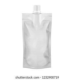 Mockup Pouch Sachet Bag With Spout Lid. Blank Food Stand Up Flexible. Mock Up, Template. Illustration Isolated On White Background. Ready For Your Design. Product Packaging. Vector EPS10