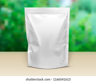 Mockup Pouch Sachet Stand Up Bag Food  Flexible Snack Pack. Blank Mock Up Template On Table. Green Summer Garden Background. Ready For Your Design. Product Packaging. Vector EPS10