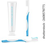 Mockup presents clean and minimalist design of toothpaste tube alongside toothbrush, ideal for branding and advertising oral care products in professional setting. Vector illustration.