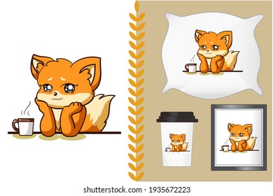 Mockup pretty fox with a coffee cartoon illustration