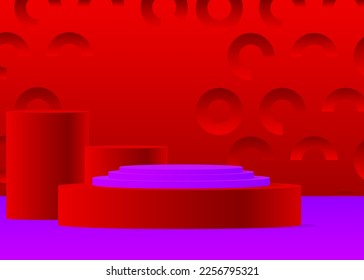Mockup product display. Abstract red and purple vector 3D room. Stage showcase, cylinder pedestal podium for presentation. Futuristic Sci-fi geometric forms, empty scene.