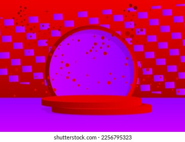 Mockup product display. Abstract red and purple vector 3D room. Stage showcase, cylinder pedestal podium for presentation. Futuristic Sci-fi geometric forms, empty scene.