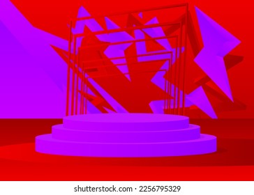 Pantalla de producto de mordaza. Resumen de habitación 3D de vector rojo y púrpura. Mostrador de escenario, podio peatonal para presentación. Formas geométricas futuristas de ciencia ficción, escena vacía.