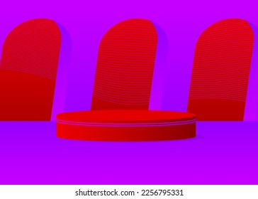 Mockup product display. Abstract red and purple vector 3D room. Stage showcase, cylinder pedestal podium for presentation. Futuristic Sci-fi geometric forms, empty scene.
