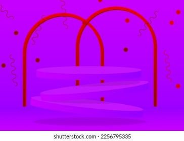 Pantalla de producto de mordaza. Resumen de habitación 3D de vector rojo y púrpura. Mostrador de escenario, podio peatonal para presentación. Formas geométricas futuristas de ciencia ficción, escena vacía.