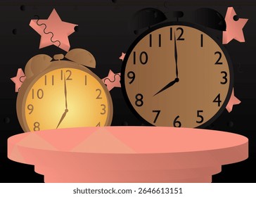 Mockup product display with Alarm Clock. Vector cylinder pedestal podium. Stage showcase for presentation. Minimal geometric forms.