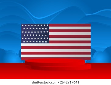 Mockup product display with American Flag. Vector cylinder pedestal podium. Stage showcase for presentation. Minimal geometric forms.