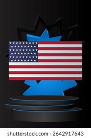 Mockup product display with American Flag. Vector cylinder pedestal podium. Stage showcase for presentation. Minimal geometric forms.