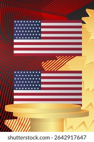 Mockup product display with American Flag. Vector cylinder pedestal podium. Stage showcase for presentation. Minimal geometric forms.
