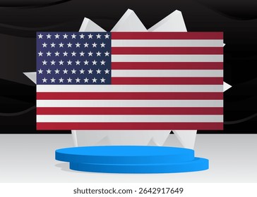 Mockup product display with American Flag. Vector cylinder pedestal podium. Stage showcase for presentation. Minimal geometric forms.