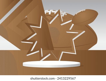 Mockup product display with American Football Ball. Vector cylinder pedestal podium. Stage showcase for presentation. Minimal geometric forms.