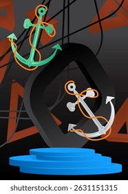 Mockup product display with Anchor. Vector cylinder pedestal podium. Stage showcase for presentation. Minimal geometric forms.