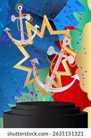 Mockup product display with Anchor. Vector cylinder pedestal podium. Stage showcase for presentation. Minimal geometric forms.