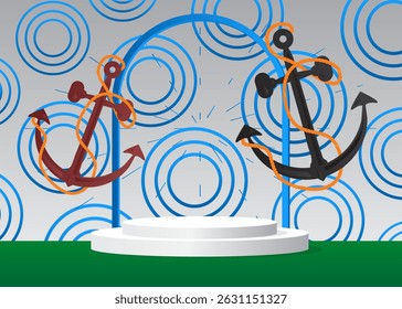 Mockup product display with Anchor. Vector cylinder pedestal podium. Stage showcase for presentation. Minimal geometric forms.