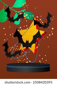 Mockup product display with Bat. Halloween vector cylinder pedestal podium. Stage showcase for presentation. Minimal geometric forms.