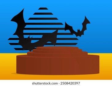 Mockup product display with Bat. Halloween vector cylinder pedestal podium. Stage showcase for presentation. Minimal geometric forms.
