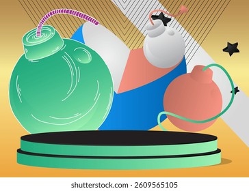 Mockup product display with Bomb. Vector cylinder pedestal podium. Stage showcase for presentation. Minimal geometric forms.