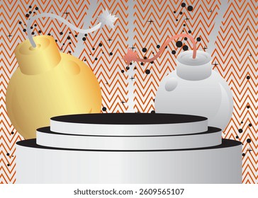 Mockup product display with Bomb. Vector cylinder pedestal podium. Stage showcase for presentation. Minimal geometric forms.
