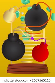 Mockup product display with Bomb. Vector cylinder pedestal podium. Stage showcase for presentation. Minimal geometric forms.