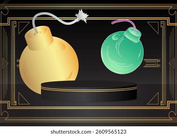 Mockup product display with Bomb. Vector cylinder pedestal podium. Stage showcase for presentation. Minimal geometric forms.