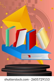 Mockup product display with Book. Vector cylinder pedestal podium. Stage showcase for presentation. Minimal geometric forms.