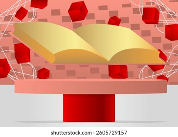 Mockup product display with Book. Vector cylinder pedestal podium. Stage showcase for presentation. Minimal geometric forms.